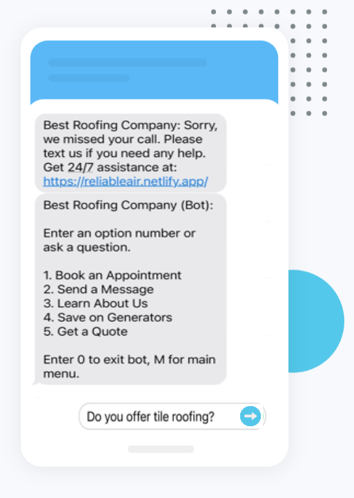 Connect Now Mobile showing SMS conversation between roofer and customer